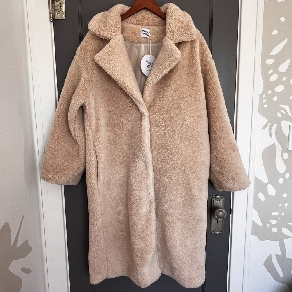 NWT Princess Polly Leah Teddy Coat Beige Women's L/XL Oversized Long Lined